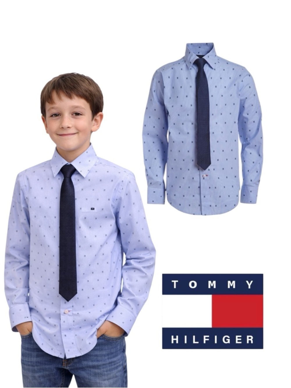 TOMMY HILFIGER Boys Blue Dress Shirt with Tie Size 14